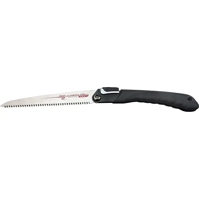 Famex Klappsäge - Länge: 210 mm, Stahl - Eine schwarzgriffige Klappsäge mit einer silbernen, gezahnten 210mm Klinge und einem Verriegelungsmechanismus.