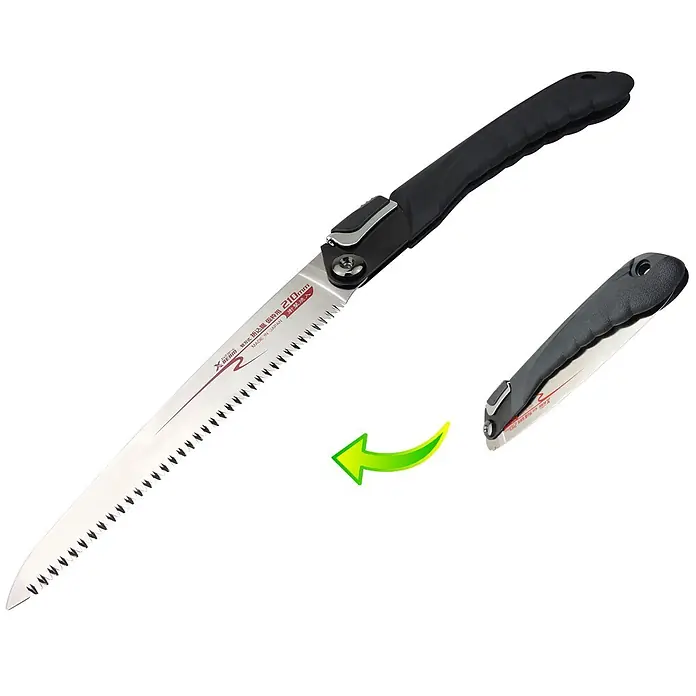 Famex Klappsäge - Länge: 210 mm, Stahl - Schwarz-silberne Klappsäge, offen mit langer Klinge und zusammengeklappt gezeigt. Ideal für Gartenarbeit.