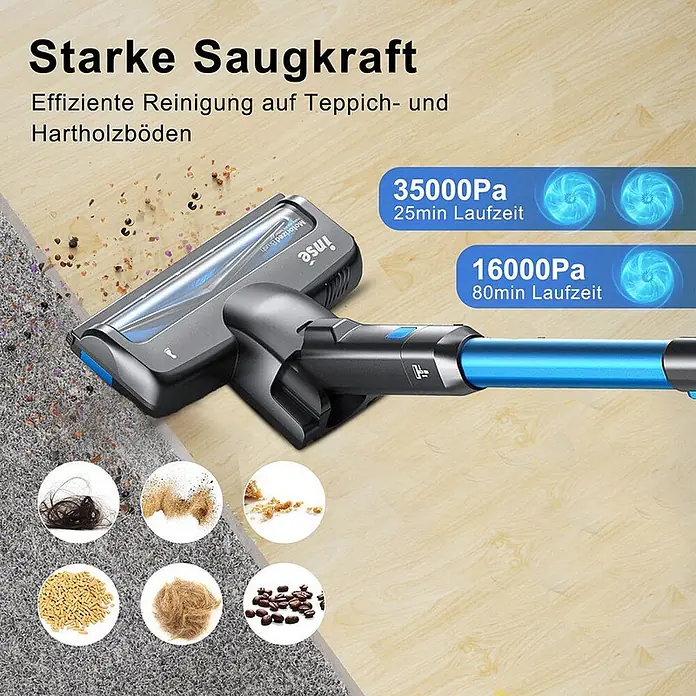 INSE Akku-Staubsauger - 18 V, 1 Akku, 2,5 Ah, Behältervolumen: 2 l - Ein kabelloser Staubsaugerkopf reinigt Teppich und Hartholz, zeigt starke Saugkraft (35000Pa/16000Pa) für Schmutz wie Haare, Staub und Kaffeebohnen.