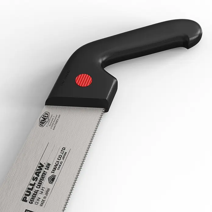 Famex Japansäge - Länge: 300 mm, Stahl - Nahaufnahme einer japanischen Zugsäge mit schwarzem, texturiertem Griff und silberner Klinge mit feinen Zähnen.