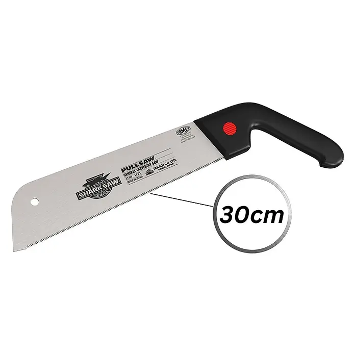 Famex Japansäge - Länge: 300 mm, Stahl - Silberfarbene Zugsäge mit schwarzem ergonomischem Griff. Das Sägeblatt ist mit 'SHARK SAW SERIES' und '30cm' markiert.