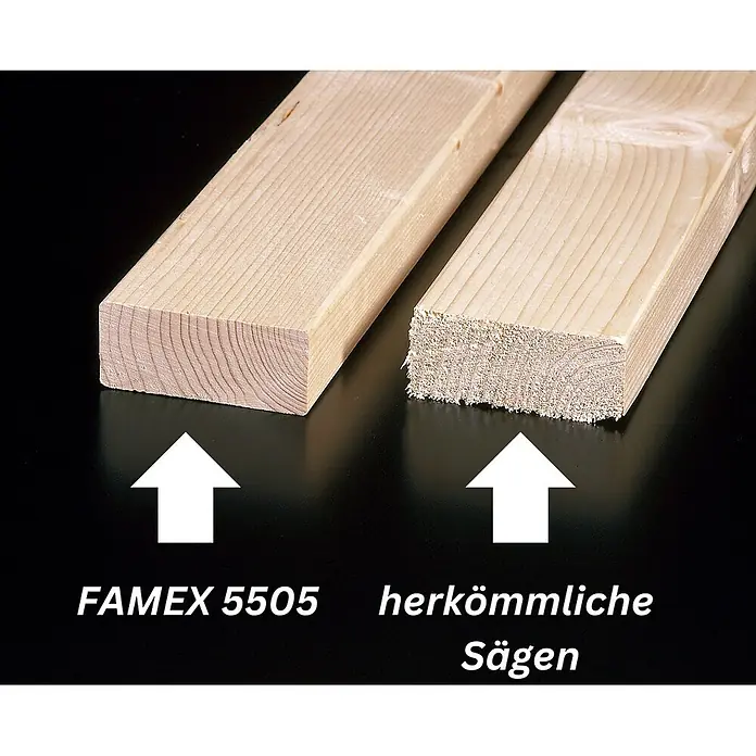Famex Japansäge - Länge: 300 mm, Stahl - Zwei Holzbretter: eines mit glattem Schnitt (FAMEX 5505), das andere mit rauem, splitterigem Schnitt (herkömmliche Sägen).