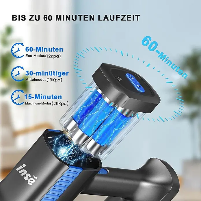INSE Akku-Staubsauger - 18 V, 1 Akku, 2,5 Ah, Behältervolumen: 2 l - Schwarzer und blauer abnehmbarer Akku für einen Staubsauger, der 60, 30 und 15 Minuten Laufzeit in Eco-, Mittel- und Maximalmodi zeigt.