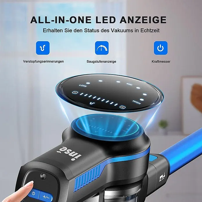 INSE Akku-Staubsauger - 18 V, 1 Akku, 2,5 Ah, Behältervolumen: 2 l - Schwarz-blauer Handstaubsauger mit beleuchtetem LED-Display, das Saugleistungsstufen, Batteriestatus und Verstopfungserinnerungen anzeigt. Ein Finger betätigt eine Steuertaste.