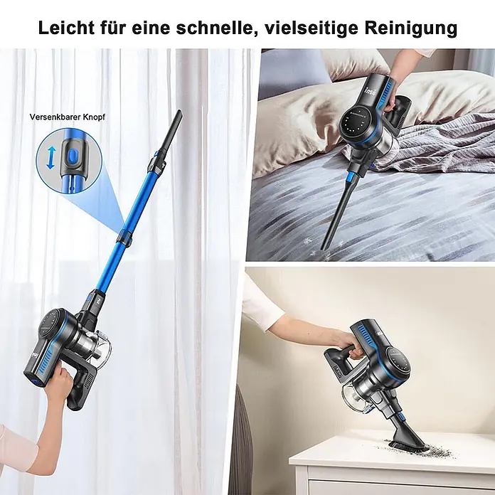 INSE Akku-Staubsauger - 18 V, 1 Akku, 2,5 Ah, Behältervolumen: 2 l - Ein blauer und schwarzer kabelloser Stielstaubsauger in drei Anwendungen: Gardinen, Bett und Tisch reinigend, seine Vielseitigkeit zeigend.