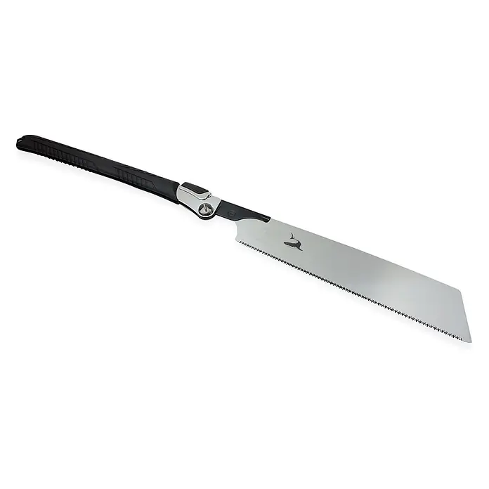 Famex Klappsäge - Länge: 265 mm, Stahl - Schwarz-silberne klappbare Japansäge mit einem Haifisch-Logo auf der Klinge und einem sicheren Verriegelungsmechanismus.