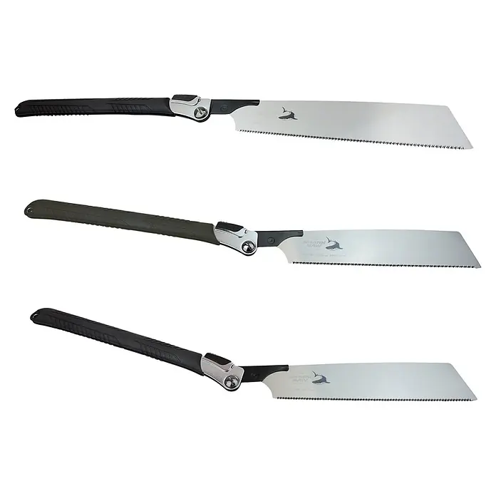 Famex Klappsäge - Länge: 265 mm, Stahl - Drei klappbare Handsägen mit scharfen Metallklingen und ergonomischen, strukturierten Griffen in Schwarz und Dunkelgrün.