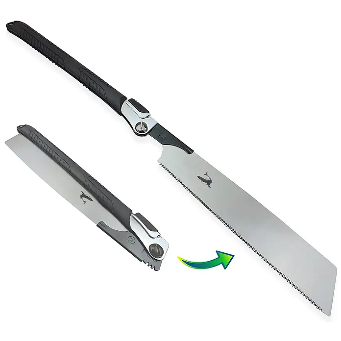 Famex Klappsäge - Länge: 265 mm, Stahl - Klappbare Säge mit schwarzem Griff und silberner Klinge, geöffnet und zusammengeklappt dargestellt.