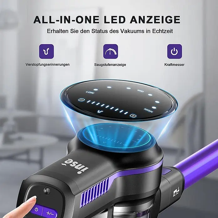 INSE Akku-Staubsauger - 18 V, 1 Akku, 2,5 Ah, Behältervolumen: 2 l - Schwarz-lila Staubsaugergriff mit beleuchtetem LED-Display für Saug-, Akku- und Verstopfungsstatus in Echtzeit.
