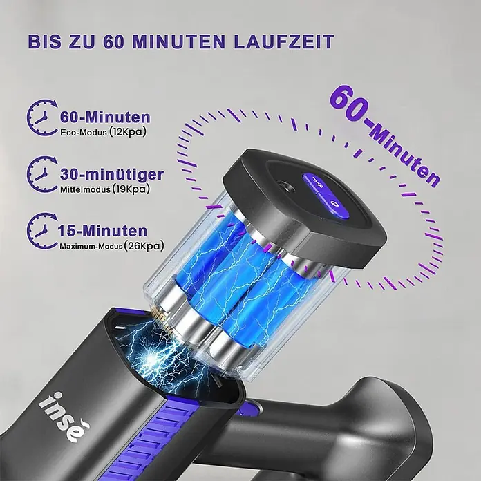 INSE Akku-Staubsauger - 18 V, 1 Akku, 2,5 Ah, Behältervolumen: 2 l - Dunkelgraues Gerät, wohl Staubsauger, mit transparentem Batteriefach, blauen Zellen und Anzeige für Laufzeiten/Modi.