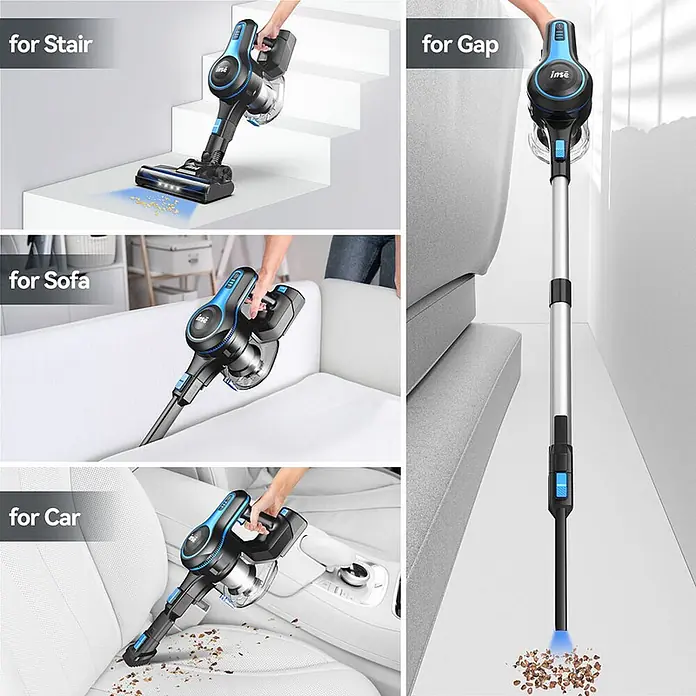 INSE Akku-Staubsauger - 18 V, 1 Akku, 2,2 Ah, Behältervolumen: 2 l - Schwarz-blauer Akku-Stielstaubsauger, der vielseitig für Treppen, Sofa, Auto und schmale Spalten eingesetzt wird.