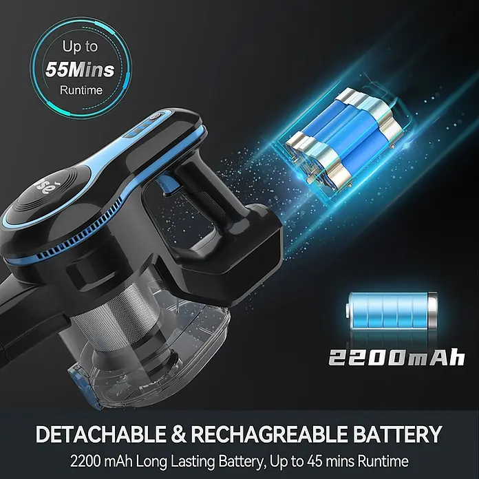 INSE Akku-Staubsauger - 18 V, 1 Akku, 2,2 Ah, Behältervolumen: 2 l - Schwarzer und blauer Handstaubsaugerkopf mit transparentem Staubbehälter, mit abnehmbarem 2200 mAh Akku für lange Laufzeit.