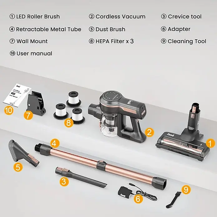 INSE Akku-Staubsauger - 1 Akku, 2,5 Ah, Behältervolumen: 2 l - Kabelloser Sauger schwarz/roségold, LED-Bürste, Rohr, Fugendüse, Staubbürste, Adapter, 3 HEPA-Filter, Wandhalterung, Reinigungstool, Anleitung.