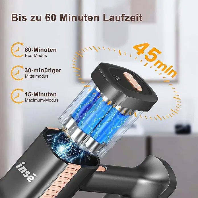 INSE Akku-Staubsauger - 1 Akku, 2,5 Ah, Behältervolumen: 2 l - Dunkelgraues „inse“-Gerät mit sichtbaren blauen Akkus und Funken. Text zeigt bis zu 60 Min. Laufzeit in Eco-, Mittel- und Maximalmodi, plus „45min“.