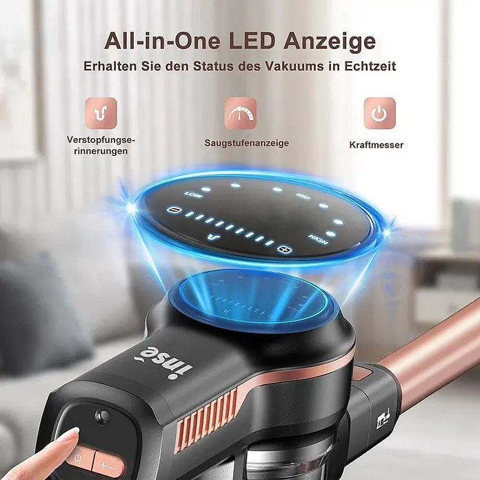 INSE Akku-Staubsauger - 1 Akku, 2,5 Ah, Behältervolumen: 2 l - Staubsauger in Schwarz und Roségold mit LED-Anzeige für Saugleistung, Akku und Erinnerungen.
