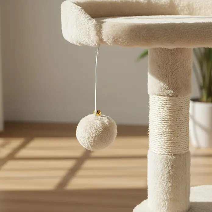 belviona Kratzbaum - 40 x 40 x 112 cm, Textil, beige - Beigefarbener Kratzbaum mit Sisal-Kratzstamm und flauschigem Spielball, in einem Innenraum mit Tageslicht.