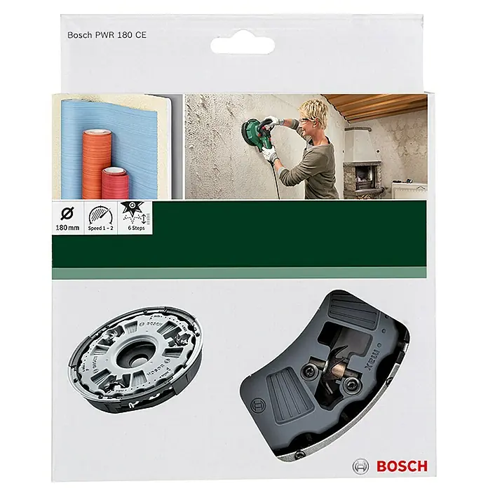 Bosch Perforador de papel pintado PWR180 - 1.010 W - Embalaje de la lijadora de pared Bosch PWR 180 CE con accesorios que facilitan el trabajo de lijado.