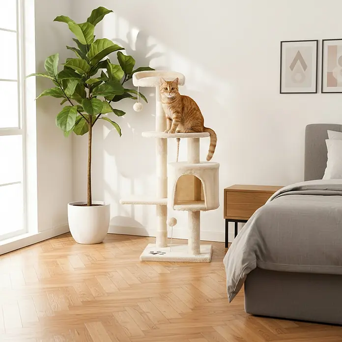 belviona Kratzbaum - 40 x 40 x 112 cm, Textil, beige - Ein beiger, mehrstöckiger Kratzbaum mit Katzenhaus und Spielzeugen, von einer orangefarbenen Katze in einem Raum genutzt.