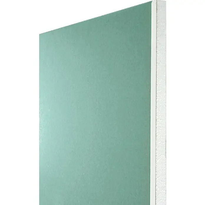Knauf TOP 2000 Verbundplatte EPS - 1.250 x 900 x 33 mm - Nahaufnahme einer grünen Gipskartonplatte mit einer Seite aus weißem Styropor, die für ihre feuchtigkeitsbeständigen Eigenschaften bekannt ist.