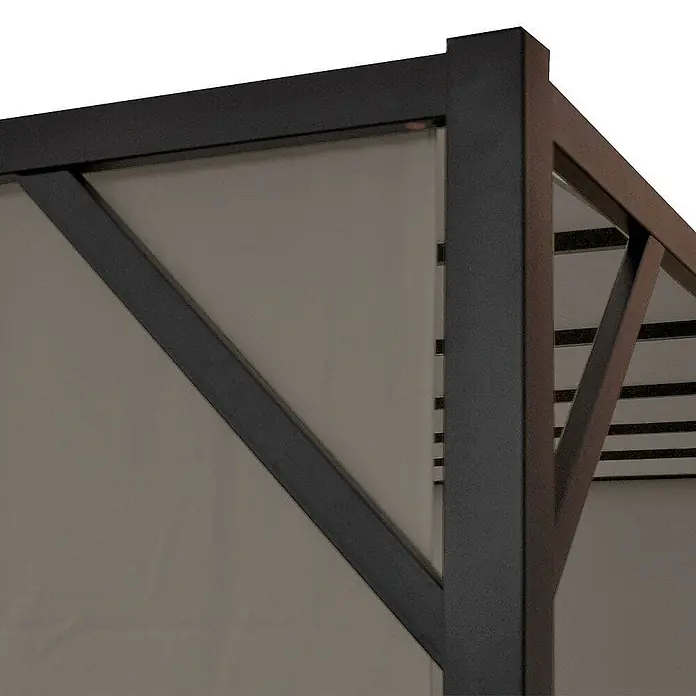 Pergola Baia | HxBxT 212x400x400cm | Garten Pavillon Terrassenüberdachung | stabiles 6cm-Stahl-Gestell + Schiebedach Taupe -  - Nahaufnahme einer dunkelgrauen Pergola-Ecke mit beigem Stoffseitenwand und Stützbalken.