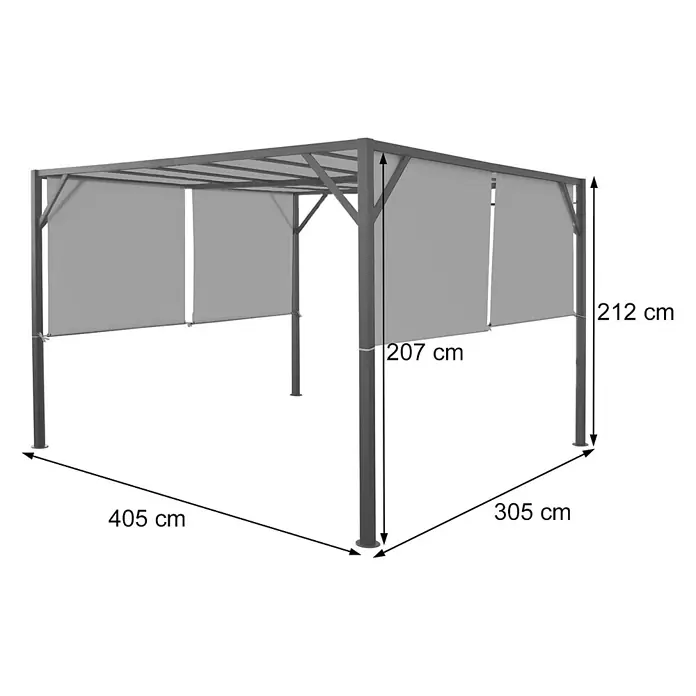 Pergola Baia | HxBxT 212x300x400cm | Garten Pavillon Terrassenüberdachung | stabiles 6cm-Stahl-Gestell + Schiebedach Türkis-Blau -  - Graue Metallpergola mit grauen Stoffseitenwänden für den Außenbereich.