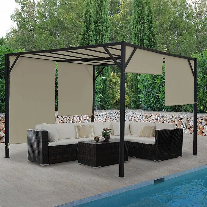 Pergola Baia | HxBxT 212x400x400cm | Garten Pavillon Terrassenüberdachung | stabiles 6cm-Stahl-Gestell + Schiebedach Taupe -  - Dunkle Pergola mit beigefarbenen verstellbaren Schirmen, die eine dunkle Rattan-Sitzgruppe am Pool beschattet.