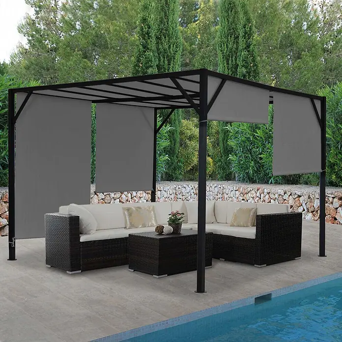 Pergola Baia | HxBxT 212x300x400cm | Garten Pavillon Terrassenüberdachung | stabiles 6cm-Stahl-Gestell + Schiebedach Grau -  - Schwarze Pergola mit grauen Seitenwänden über dunkelbraunen Rattan-Gartenmöbeln mit weißen Polstern am Pool.