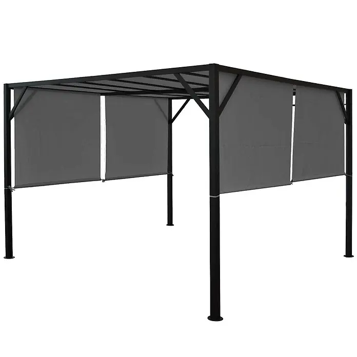 Pergola Baia | HxBxT 212x300x400cm | Garten Pavillon Terrassenüberdachung | stabiles 6cm-Stahl-Gestell + Schiebedach Grau -  - Schwarze Metall-Pergola mit grauen, ausziehbaren Stoff-Sonnensegeln für Schatten im Freien.