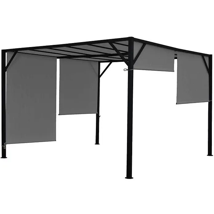 Pergola Baia | HxBxT 212x300x400cm | Garten Pavillon Terrassenüberdachung | stabiles 6cm-Stahl-Gestell + Schiebedach Grau -  - Schwarze Metallpergola mit grauen Stoff-Seitenrollos, teilweise heruntergelassen, für Sonnenschutz im Freien.