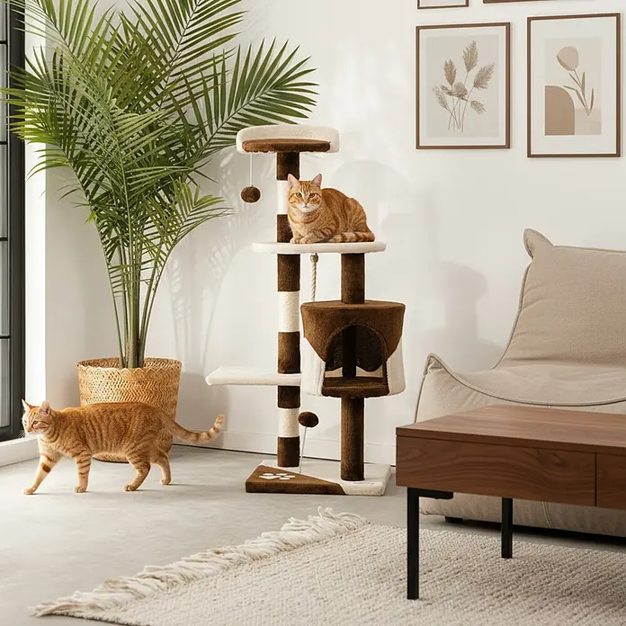 belviona Kratzbaum - 40 x 40 x 112 cm, Textil, braun/beige - Brauner und cremefarbener Kratzbaum mit mehreren Ebenen und Höhle, von zwei roten Katzen genutzt.