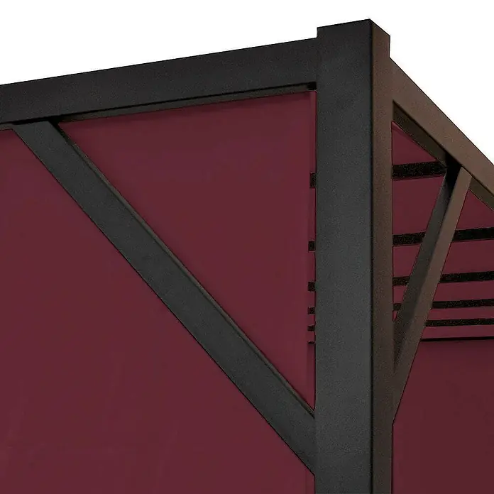 Pergola Baia | HxBxT 212x400x400cm | Garten Pavillon Terrassenüberdachung | stabiles 6cm-Stahl-Gestell + Schiebedach Bordeaux-Rot -  - Ecke eines Pavillons mit dunkelrotem Stoffpaneel und schwarzem Metallrahmen.