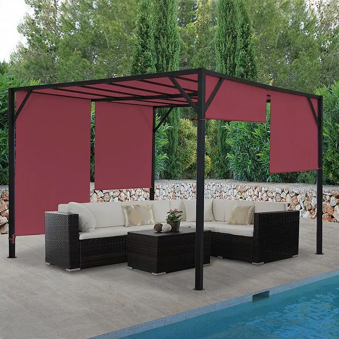 Pergola Baia | HxBxT 212x400x400cm | Garten Pavillon Terrassenüberdachung | stabiles 6cm-Stahl-Gestell + Schiebedach Bordeaux-Rot -  - Dunkle Pergola mit roten ausziehbaren Seitenwänden schützt Lounge-Möbel am Pool.