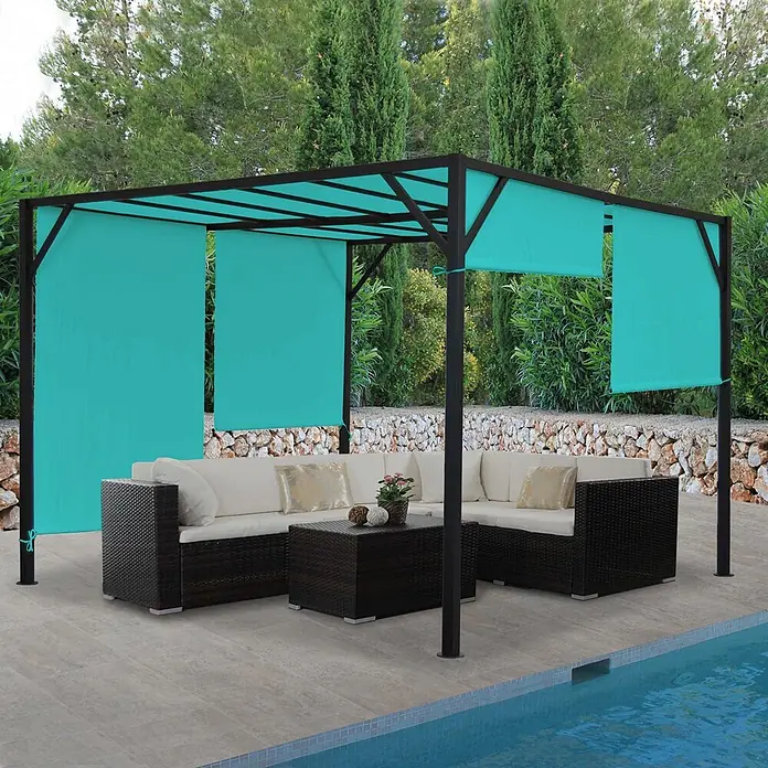 Pergola Baia | HxBxT 212x300x400cm | Garten Pavillon Terrassenüberdachung | stabiles 6cm-Stahl-Gestell + Schiebedach Türkis-Blau -  - Dunkelbraune Metall-Pergola mit türkisfarbenem Stoffdach und Seitenwänden über Lounge-Möbeln am Pool.