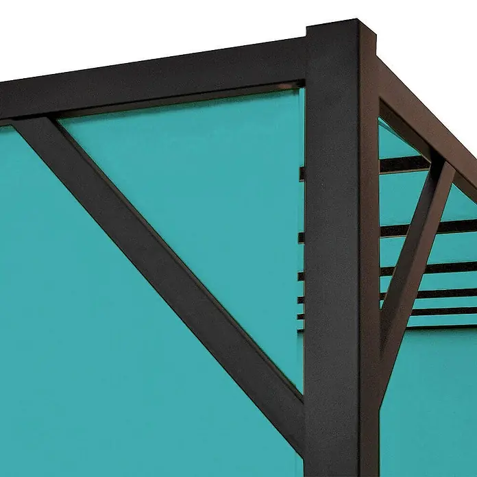 Pergola Baia | HxBxT 212x300x400cm | Garten Pavillon Terrassenüberdachung | stabiles 6cm-Stahl-Gestell + Schiebedach Türkis-Blau -  - Nahaufnahme eines dunklen Metallrahmens mit türkisen Paneelen, Teil einer Außenkonstruktion.