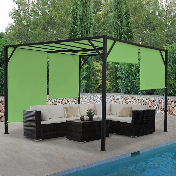 Pergola Baia | HxBxT 212x400x400cm | Garten Pavillon Terrassenüberdachung | stabiles 6cm-Stahl-Gestell + Schiebedach Grün -  - Schwarze Metallpergola mit leuchtend grüner Stoffüberdachung und Seitenwänden, bietet Schatten und Privatsphäre für einen Sitzbereich am Pool.