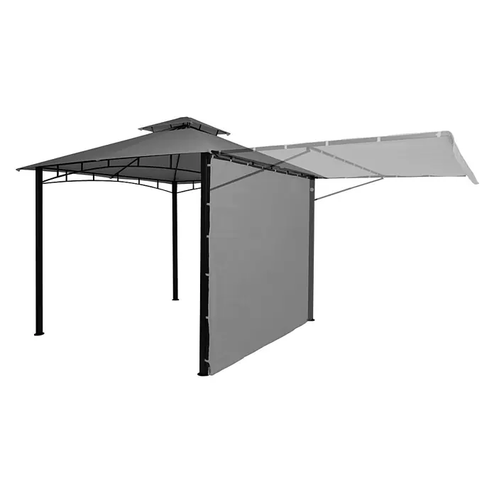 Pergola | HxBxT 275x490x250cm | Garten Pavillon | Grau | Stahl bewegliche Seitenwand 2,5x2,5m -  - Grauer Pavillon mit schwarzem Gestell und teilweise ausgefahrener, einziehbarer grauer Seitenmarkise.