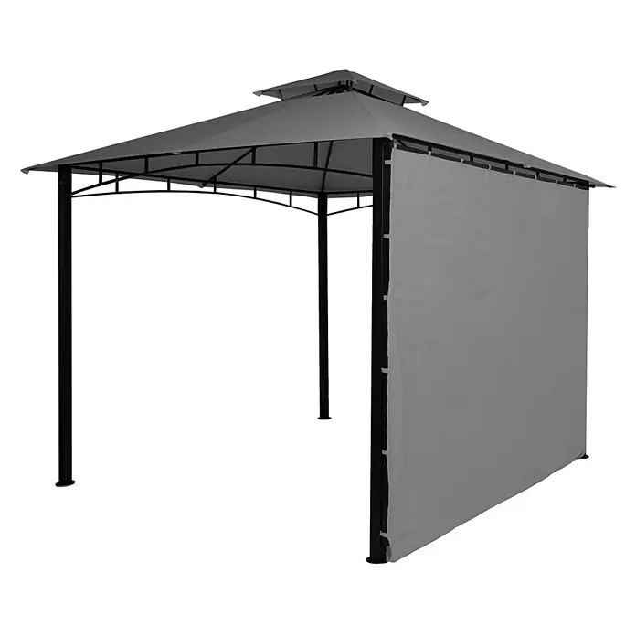 Pergola | HxBxT 275x490x250cm | Garten Pavillon | Grau | Stahl bewegliche Seitenwand 2,5x2,5m -  - Grauer Pavillon mit schwarzem Metallrahmen und einer angebrachten Seitenwand.