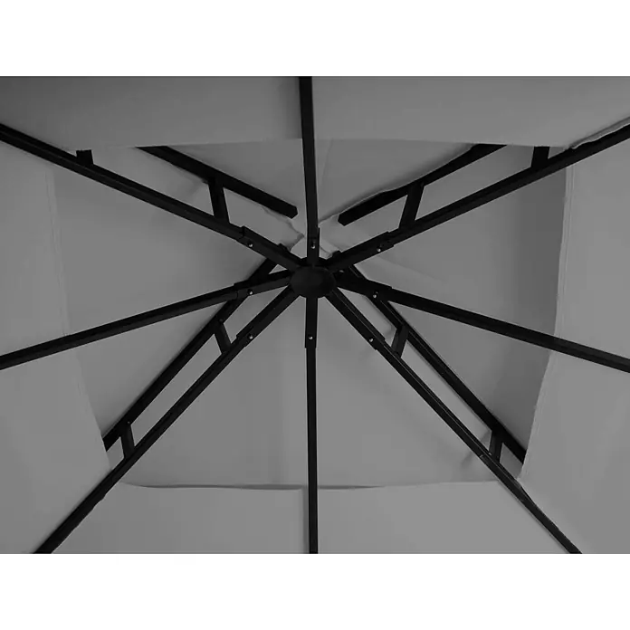 Pergola | HxBxT 275x490x250cm | Garten Pavillon | Grau | Stahl bewegliche Seitenwand 2,5x2,5m -  - Untersicht eines weißen Pavillons oder Schirms, das schwarze Metallgestell und die Streben sichtbar.