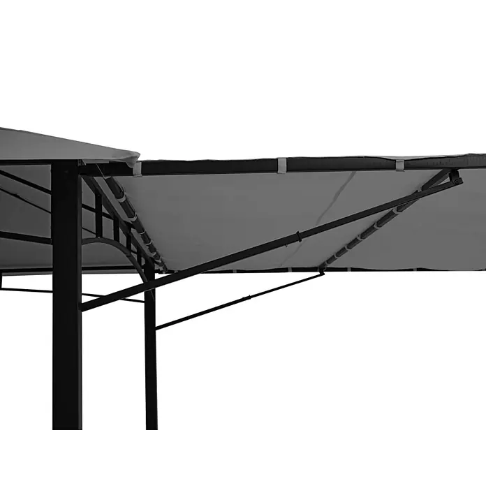 Pergola | HxBxT 275x490x250cm | Garten Pavillon | Grau | Stahl bewegliche Seitenwand 2,5x2,5m -  - Nahaufnahme eines grauen Stoff-Pavillondachs mit schwarzem Metallstützrahmen und Trägern.