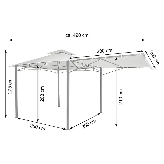 Pergola | HxBxT 275x490x250cm | Garten Pavillon | Creme-Beige | Stahl bewegliche Seitenwand 2,5x2,5m -  - Grauer Pavillon mit weißem Dach und detaillierten Maßen, inklusive ausziehbarer Seite.