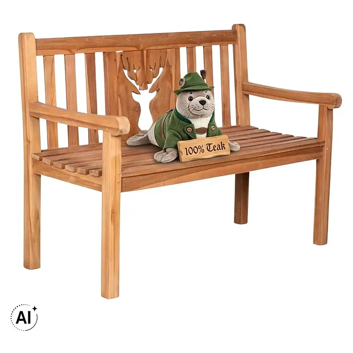 Gartenbank Hirsch Teak 120cm -  - Teak-Gartenbank mit geschnitzter Hirsch-Rückenlehne. Ein Plüschseehund hält ein Schild mit der Aufschrift '100% Teak'.