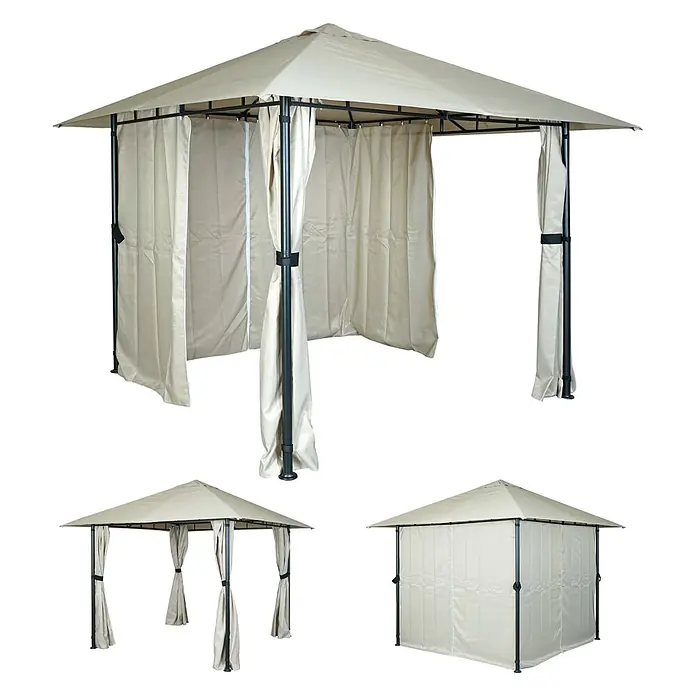 Pergola | HxBxT 255x300x300cm | Garten Pavillon Terrassenüberdachung mit Seitenwand | Creme-Beige -  - Beiges Stoffpavillon mit dunklem Metallrahmen, gezeigt mit offenen, zurückgebundenen und vollständig geschlossenen Vorhängen für verschiedene Optionen.