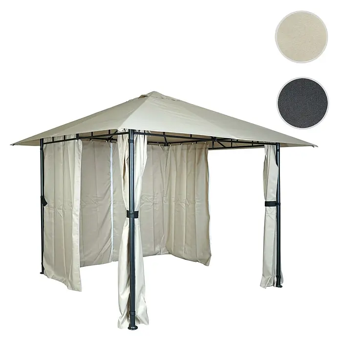 Pergola | HxBxT 255x300x300cm | Garten Pavillon Terrassenüberdachung mit Seitenwand | Creme-Beige -  - Beigefarbenes Gartenpavillon mit dunklem Metallrahmen und passenden Stoffvorhängen für Schatten und Privatsphäre.