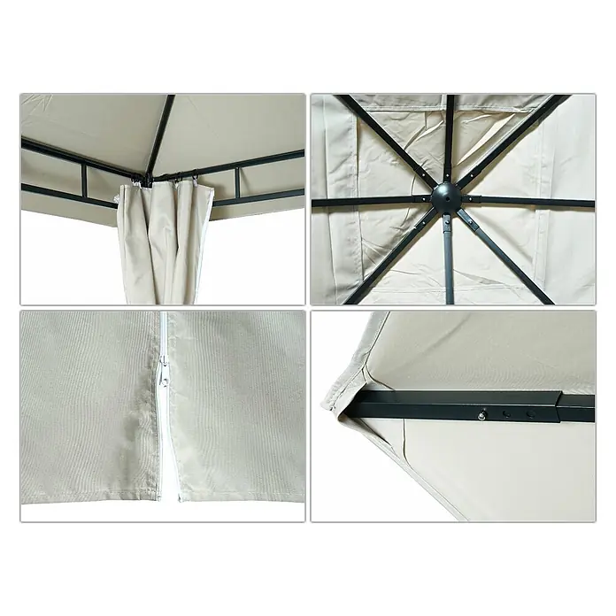 Pergola | HxBxT 255x300x300cm | Garten Pavillon Terrassenüberdachung mit Seitenwand | Creme-Beige -  - Nahaufnahmen eines beigefarbenen Pavillons, zeigen Stoffdach, Sichtschutzvorhänge, Seitenwände mit Reißverschluss und schwarzes Metallgestell.