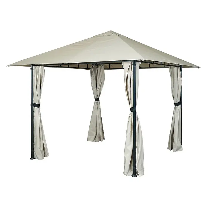 Pergola | HxBxT 255x300x300cm | Garten Pavillon Terrassenüberdachung mit Seitenwand | Creme-Beige -  - Beigefarbenes Outdoor-Pavillon mit schwarzem Metallrahmen und zurückgebundenen Stoffvorhängen für Schatten und Privatsphäre.