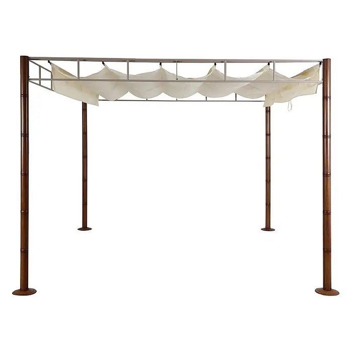 Pergola | HxBxT 220x300x300cm | Garten Pavillon Terrassenüberdachung | Creme-Weiß | stabiles 7cm-Metall-Gestell Bambus-Optik -  - Pergola mit dunkelbraunen Bambus-Pfosten und hellbeigem Stoffdach über Metallrahmen, spendet Schatten.