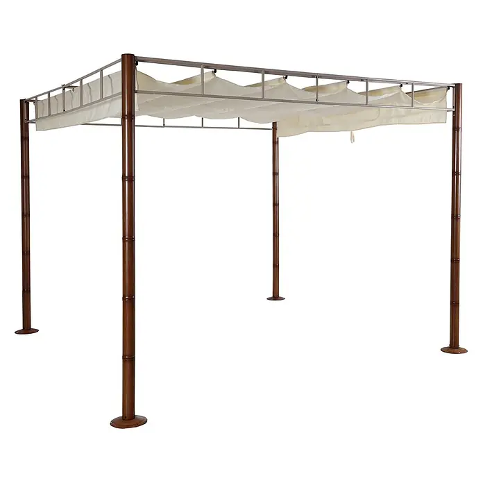 Pergola | HxBxT 220x300x300cm | Garten Pavillon Terrassenüberdachung | Creme-Weiß | stabiles 7cm-Metall-Gestell Bambus-Optik -  - Outdoor-Pergola mit dunkelbraunen Bambus-Optik Metallpfosten und beigefarbenem, ausziehbarem Stoffdach.