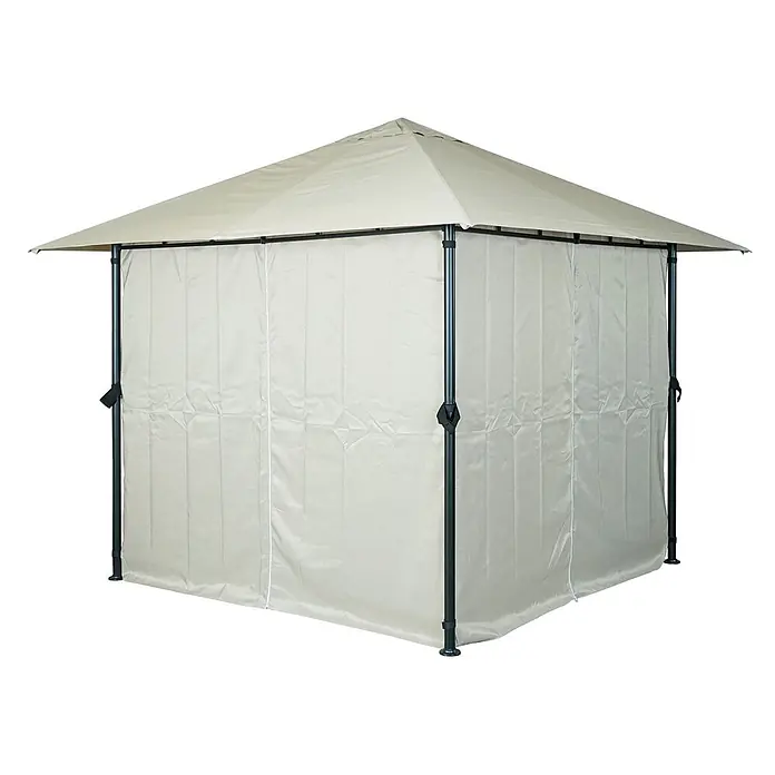 Pergola | HxBxT 255x300x300cm | Garten Pavillon Terrassenüberdachung mit Seitenwand | Creme-Beige -  - Beiges Pavillon mit beigem Stoffdach und vier Seitenwänden, gestützt von einem dunklen Metallrahmen.