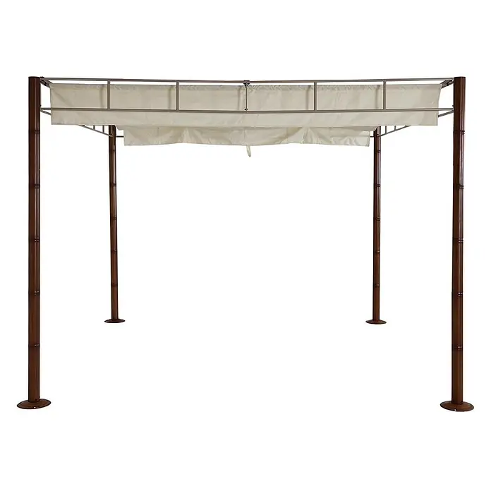 Pergola | HxBxT 220x300x300cm | Garten Pavillon Terrassenüberdachung | Creme-Weiß | stabiles 7cm-Metall-Gestell Bambus-Optik -  - Dunkelbraune Pergola aus Metall im Bambus-Look mit ausziehbarer cremefarbener Stoffüberdachung.