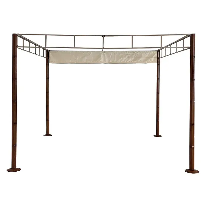 Pergola | HxBxT 220x300x300cm | Garten Pavillon Terrassenüberdachung | Creme-Weiß | stabiles 7cm-Metall-Gestell Bambus-Optik -  - Outdoor-Pergola mit dunkelbraunen Bambuspfosten, hellgrauem Metallrahmen und beigefarbenem, ausziehbarem Sonnenschutz.